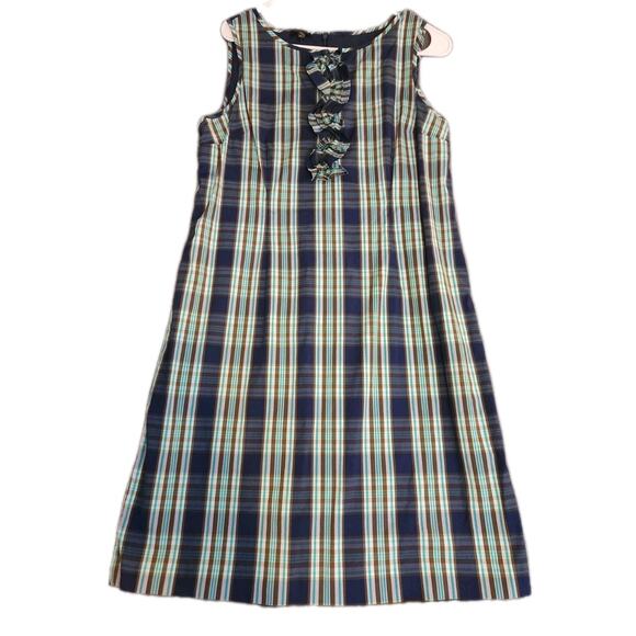 Talbots Tartan Plaid‎ Dress Women's 12P Blue Green Ruffle Front Sleeveless Lined - Picture 1 of 11